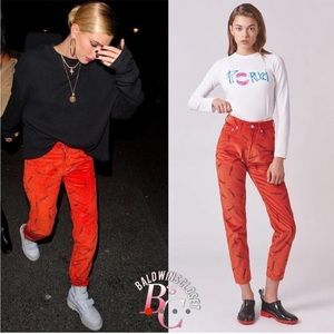 Fiorucci Womens Jeans Orange Black
Monogram Corduroy Tara 80s Tapered RARE
Sz 26